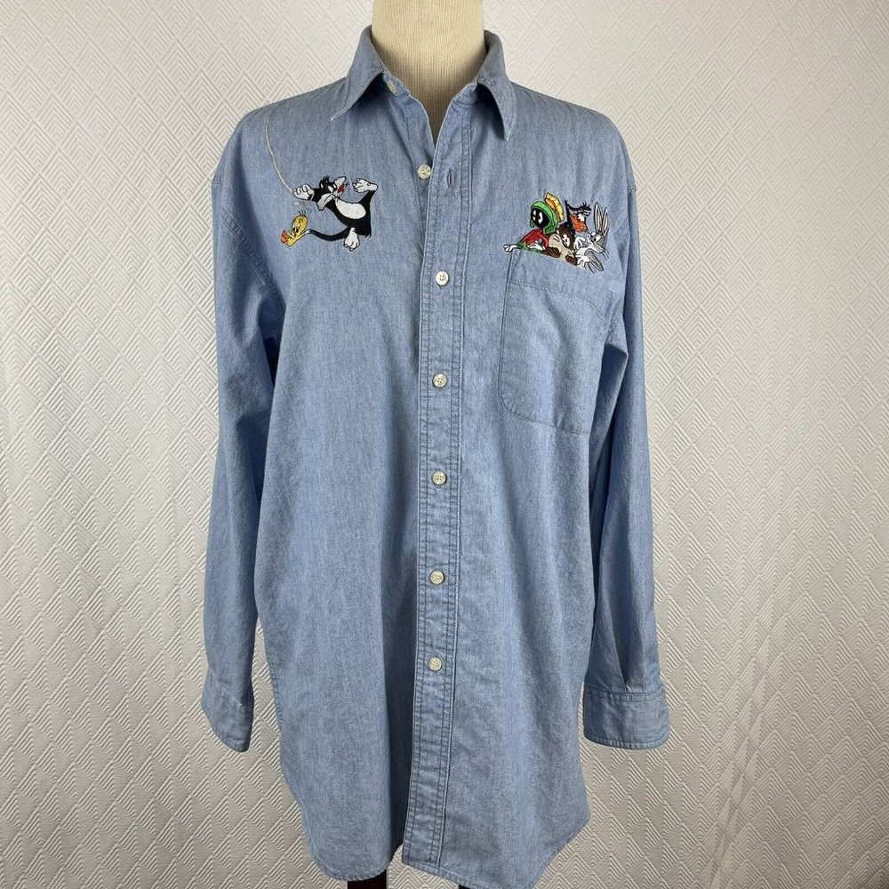 Warner Bros Vintage 1998 Bugs Daffy Taz Denim Chambray Button Down Shirt Medium